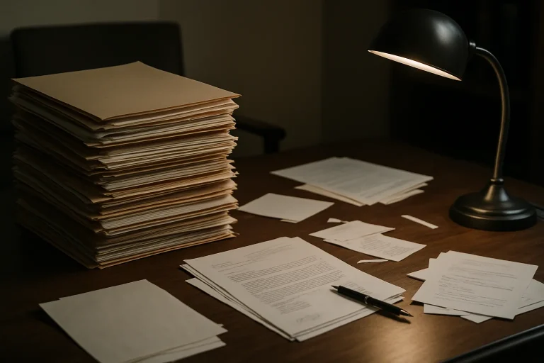 Bureau de notaire vue en plongée, dossiers et lampe allumée, ambiance feutrée.