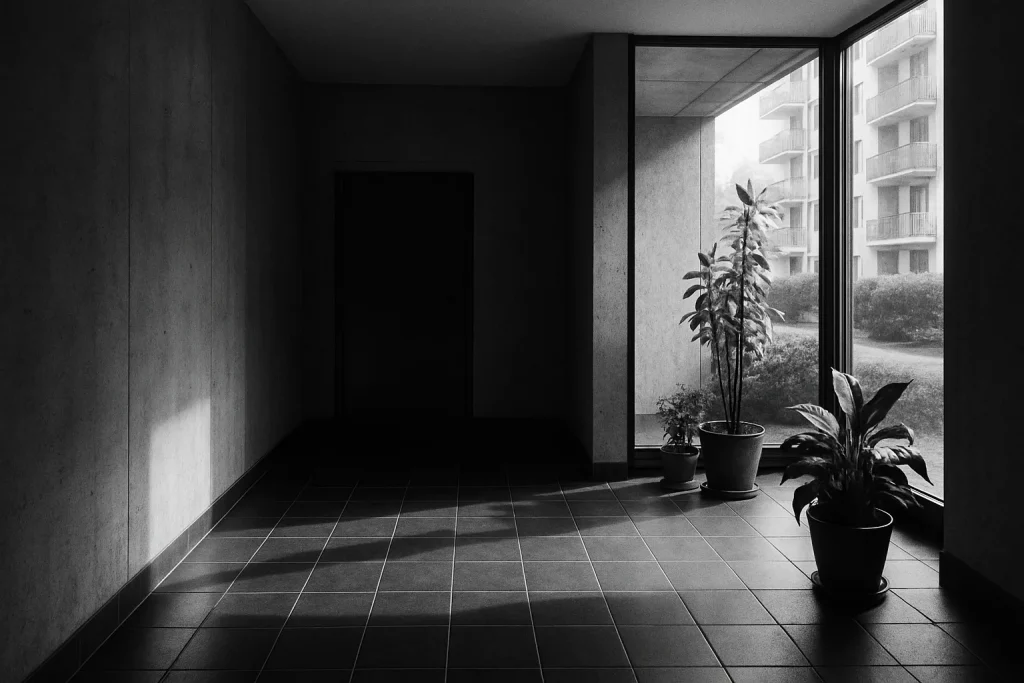 Hall d'immeuble avec lumière naturelle, vue en noir et blanc.