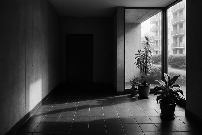Hall d'immeuble avec lumière naturelle, vue en noir et blanc.