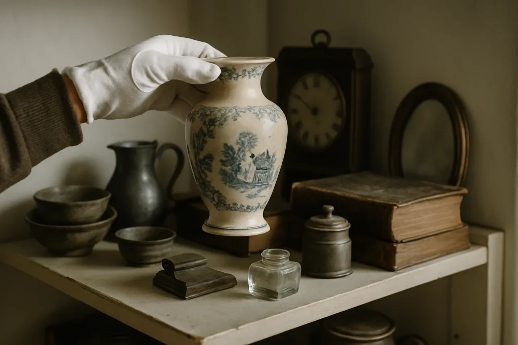 Main avec gant blanc soulevant un objet ancien en porcelaine sur une étagère encombrée