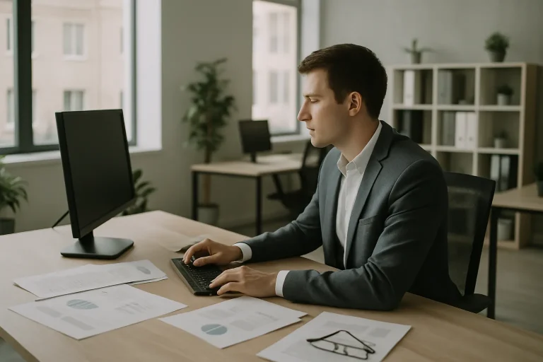 Agent d'assurance au bureau, consultant un écran avec des documents étalés.