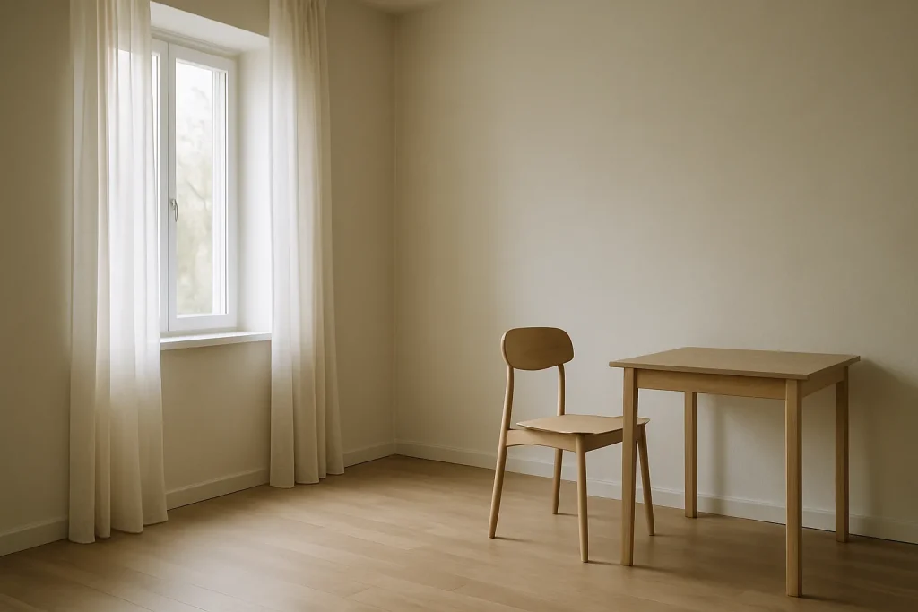 Une pièce minimaliste avec lumière douce entrant par la fenêtre, sol en parquet.