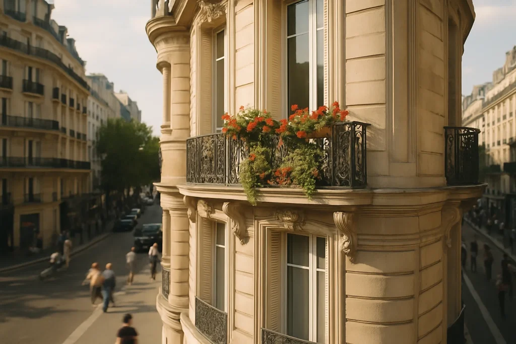 Façade d'immeuble parisien avec balcon fleuri et passants dans la rue.
