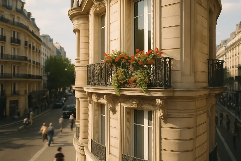 Façade d'immeuble parisien avec balcon fleuri et passants dans la rue.
