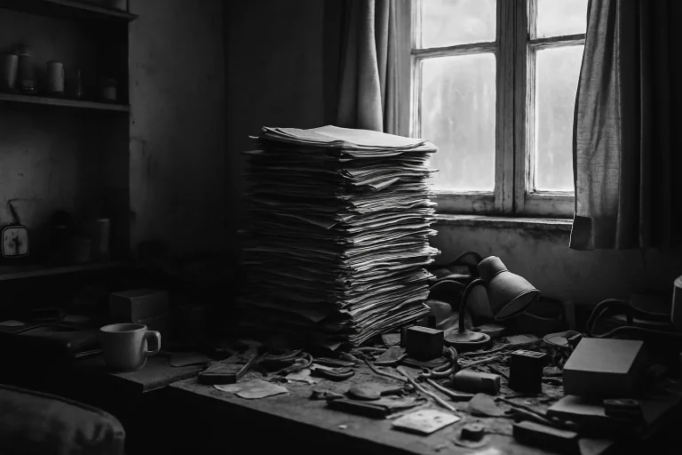 Appartement encombré avec piles de journaux et objets divers, lumière naturelle.